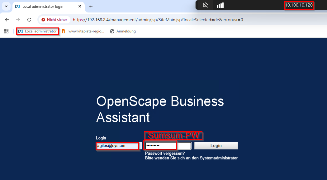 Anmeldung OpenScape Business Assistant